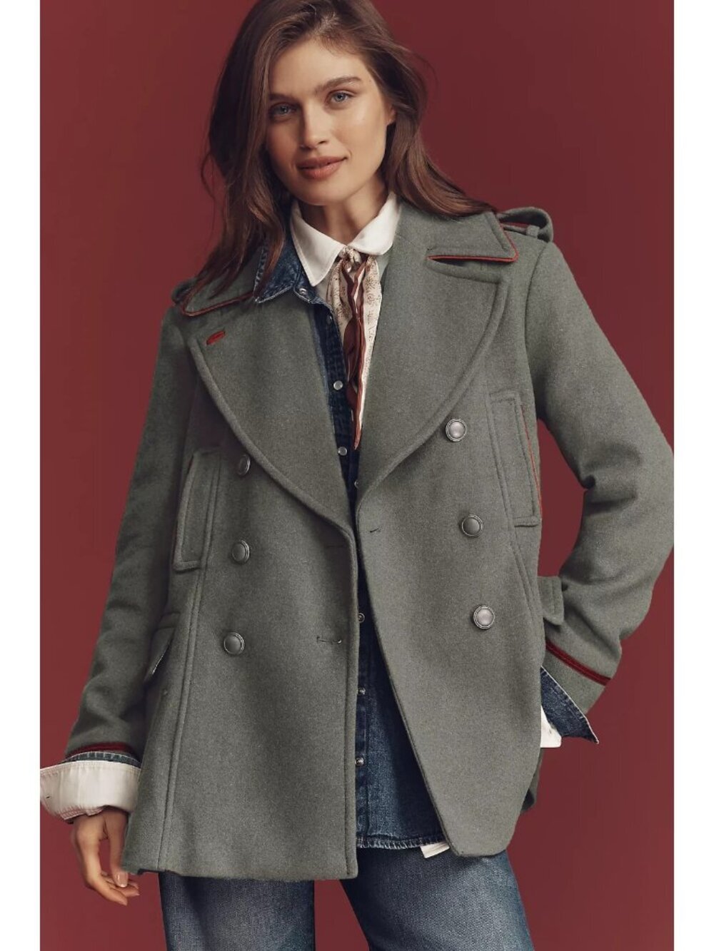 By Anthropologie Wool-Blend Military Peacoat L - Picture 5 of 5